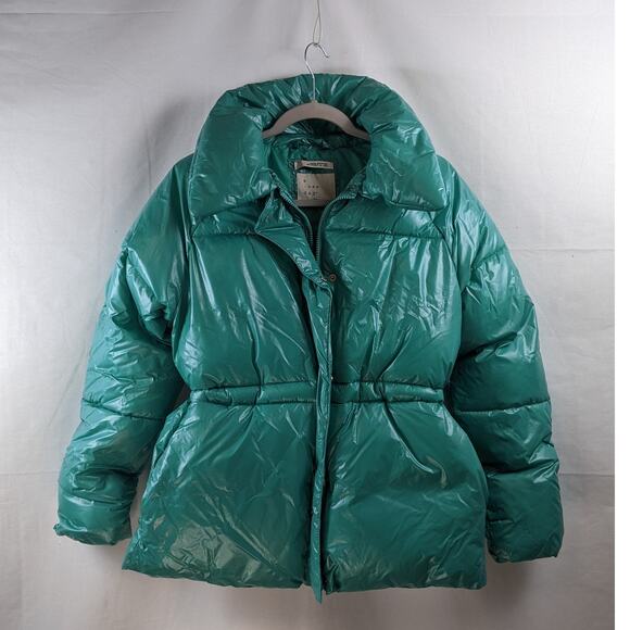 Wet Look Puffer Coat‎ A New Day Jade XS Green Winter Zip Up Puffy Cinch Jacket - Picture 3 of 11